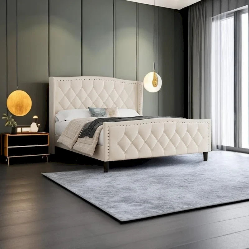 Tweepersoons bed met fluwelen bekleding, gewatteerd hoofdbord met zijpanelen en houten lattenbodem