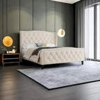 Tweepersoons bed met fluwelen bekleding, gewatteerd hoofdbord met zijpanelen en houten lattenbodem