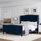 Tweepersoons bed met fluwelen bekleding, gewatteerd hoofdbord met zijpanelen en houten lattenbodem