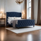 Tweepersoons bed met fluwelen bekleding, gewatteerd hoofdbord met zijpanelen en houten lattenbodem
