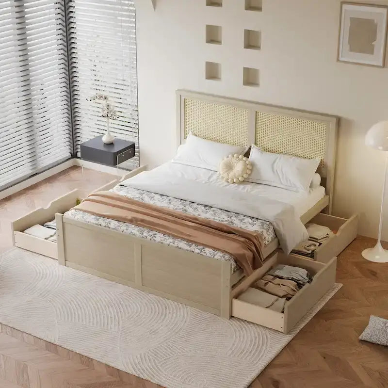 Full Size Houten Opbergplatformbed met 4 Laden en Rotan Hoofdeinde – Antiek Natuurlijk
