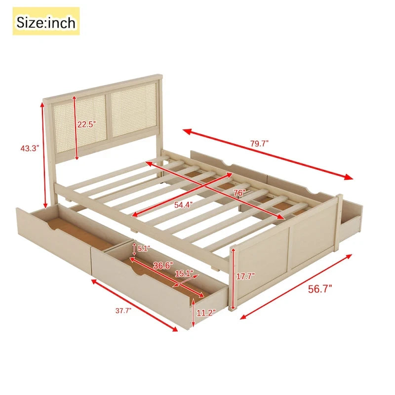 Full Size Houten Opbergplatformbed met 4 Laden en Rotan Hoofdeinde – Antiek Natuurlijk