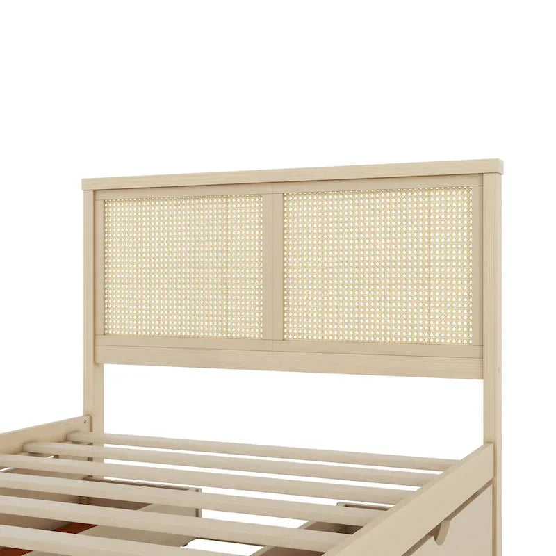 Full Size Houten Opbergplatformbed met 4 Laden en Rotan Hoofdeinde – Antiek Natuurlijk