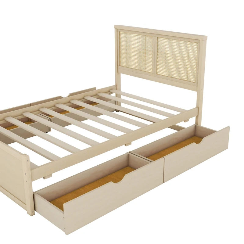 Full Size Houten Opbergplatformbed met 4 Laden en Rotan Hoofdeinde – Antiek Natuurlijk