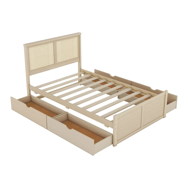 Full Size Houten Opbergplatformbed met 4 Laden en Rotan Hoofdeinde – Antiek Natuurlijk