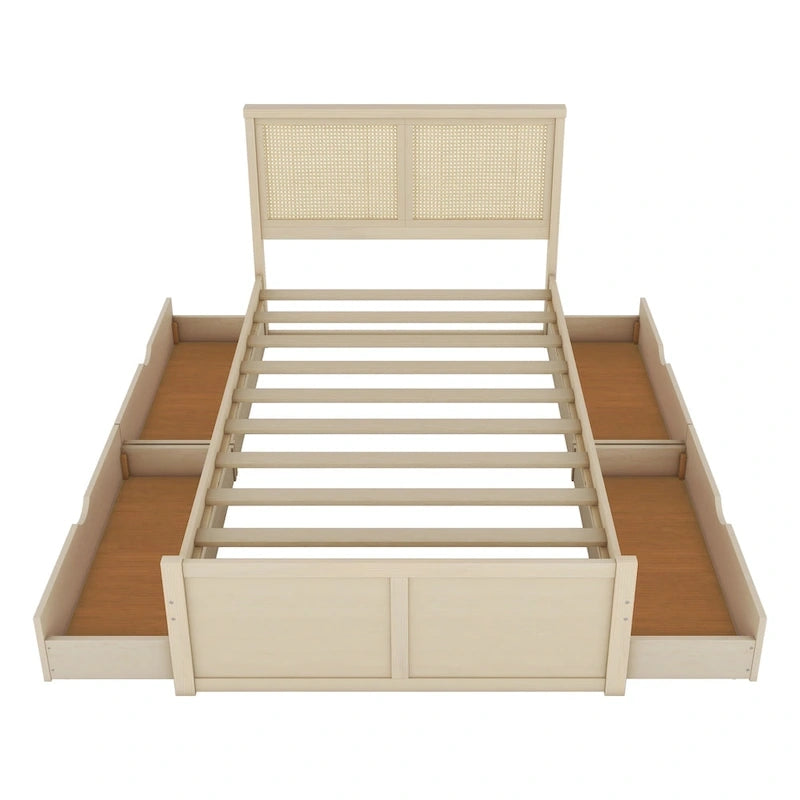 Full Size Houten Opbergplatformbed met 4 Laden en Rotan Hoofdeinde – Antiek Natuurlijk