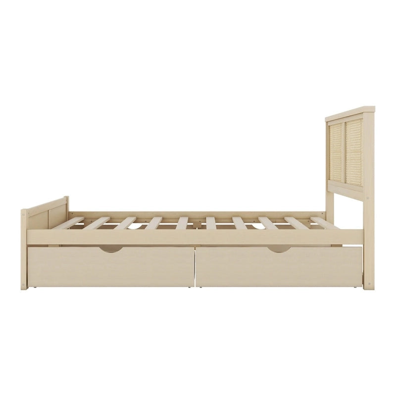 Full Size Houten Opbergplatformbed met 4 Laden en Rotan Hoofdeinde – Antiek Natuurlijk