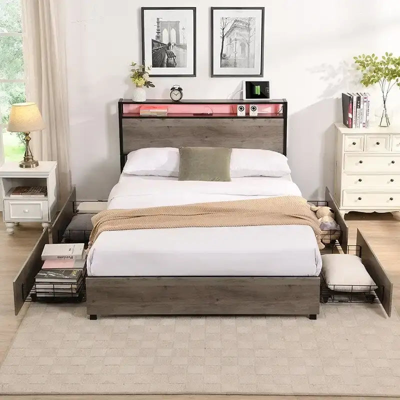 Tweepersoonsbed frame met opbergbedhoofd en laadstation