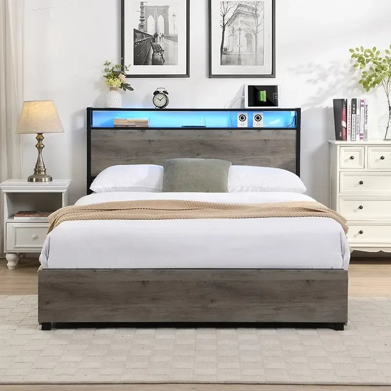 Tweepersoonsbed frame met opbergbedhoofd en laadstation