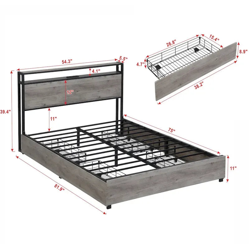 Tweepersoonsbed frame met opbergbedhoofd en laadstation
