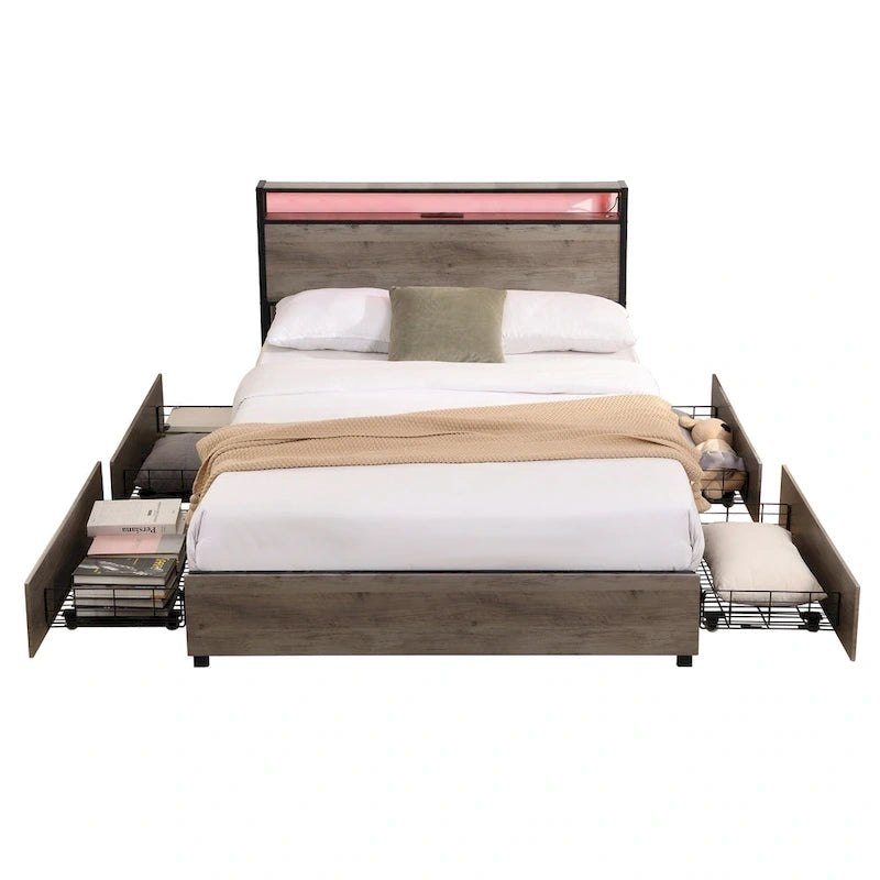 Tweepersoonsbed frame met opbergbedhoofd en laadstation