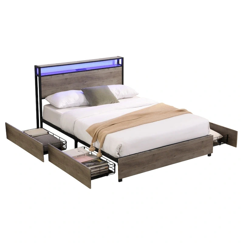 Tweepersoonsbed frame met opbergbedhoofd en laadstation