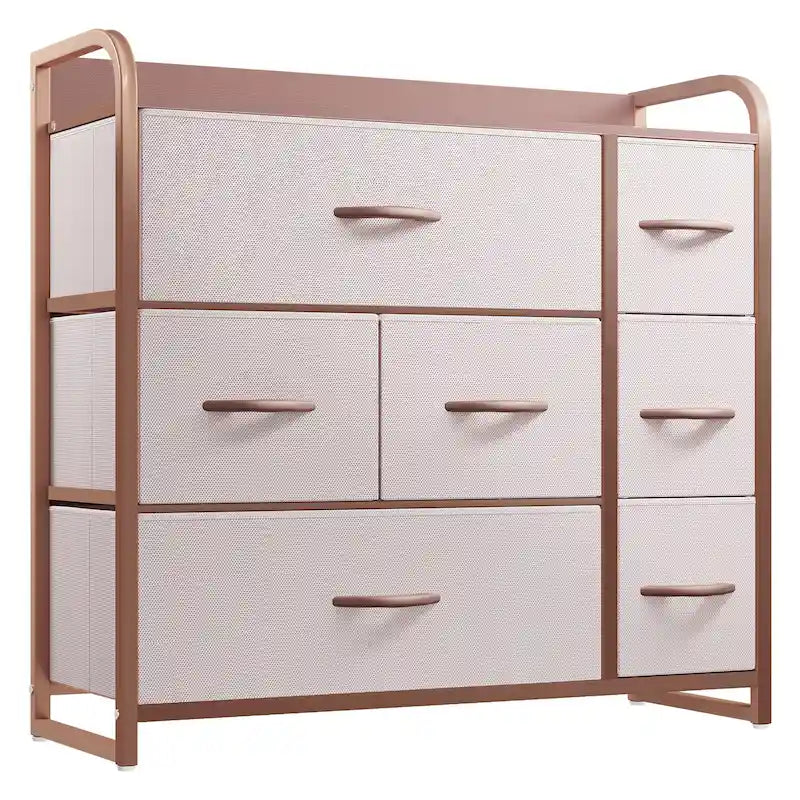 Commode met 7 stoffen laden, houten blad en metalen frame