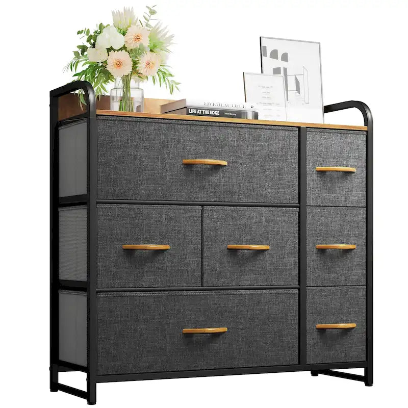 Commode met 7 stoffen laden, houten blad en metalen frame