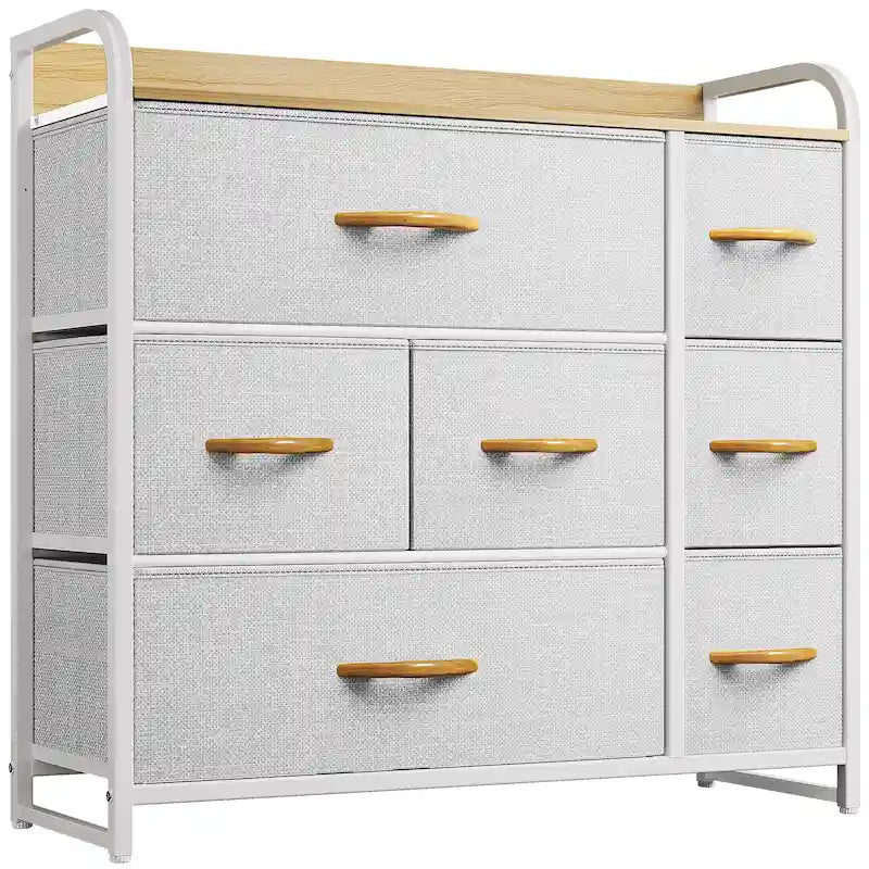 Commode met 7 stoffen laden, houten blad en metalen frame