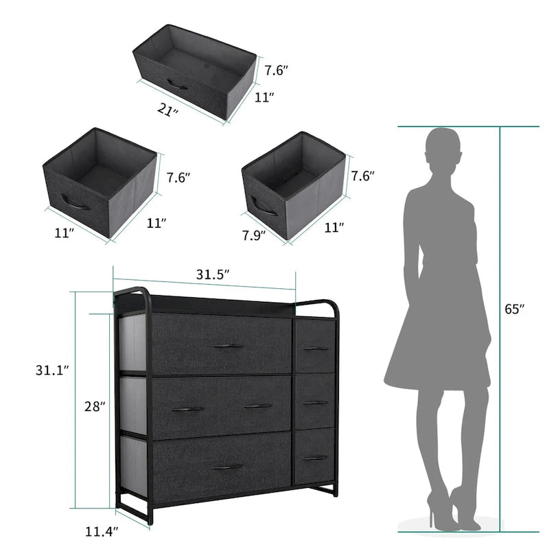 Commode met 7 stoffen laden, houten blad en metalen frame