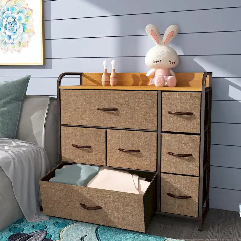 Commode met 7 stoffen laden, houten blad en metalen frame
