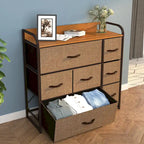 Commode met 7 stoffen laden, houten blad en metalen frame