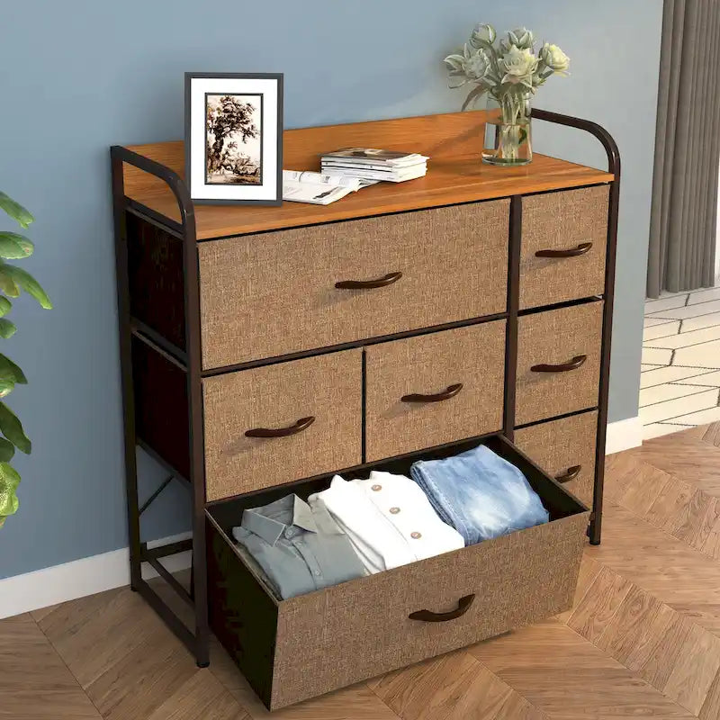 Commode met 7 stoffen laden, houten blad en metalen frame