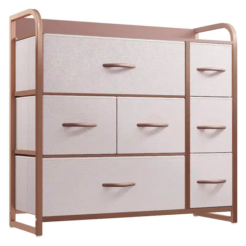 Commode met 7 stoffen laden, houten blad en metalen frame