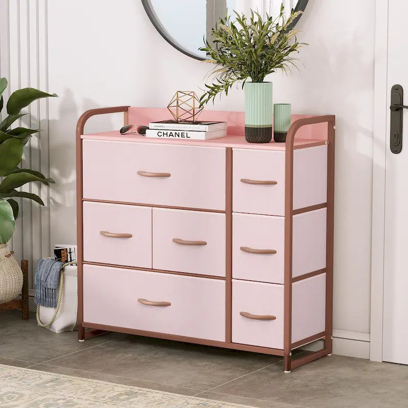 Commode met 7 stoffen laden, houten blad en metalen frame