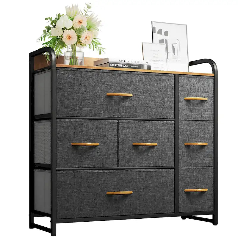 Commode met 7 stoffen laden, houten blad en metalen frame