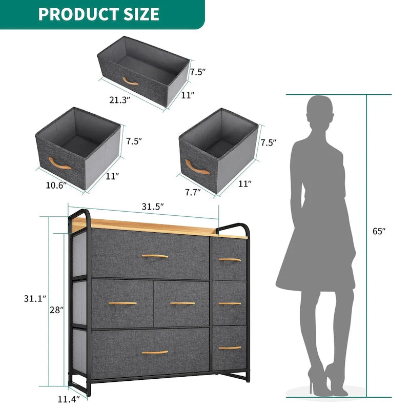 Commode met 7 stoffen laden, houten blad en metalen frame
