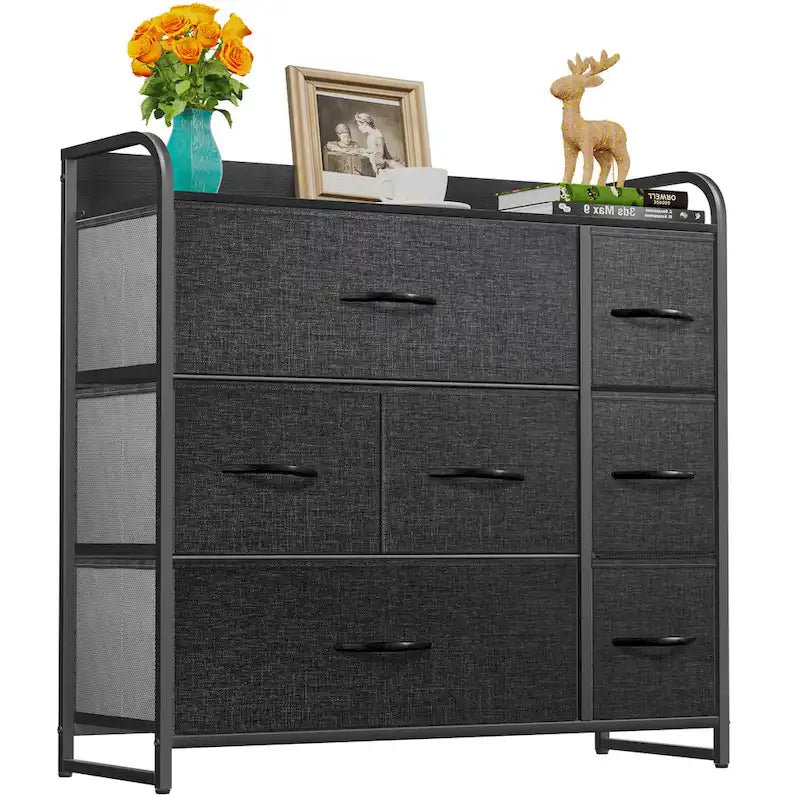Commode met 7 stoffen laden, houten blad en metalen frame