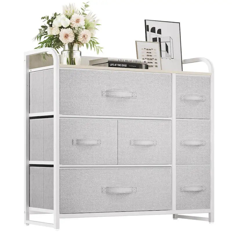 Commode met 7 stoffen laden, houten blad en metalen frame