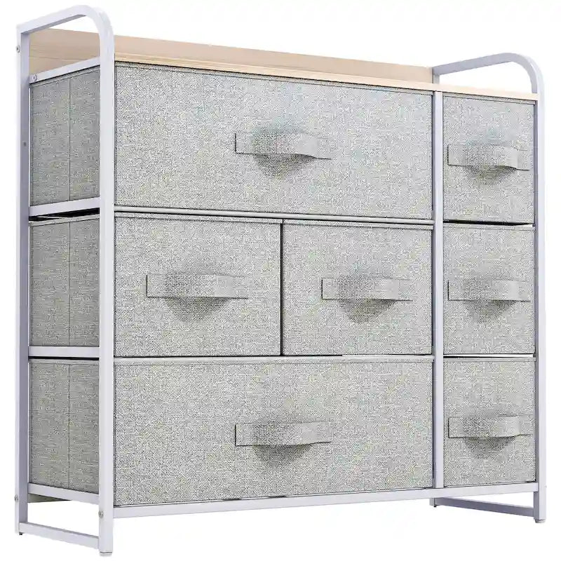 Commode met 7 stoffen laden, houten blad en metalen frame