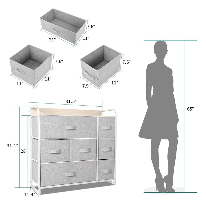Commode met 7 stoffen laden, houten blad en metalen frame