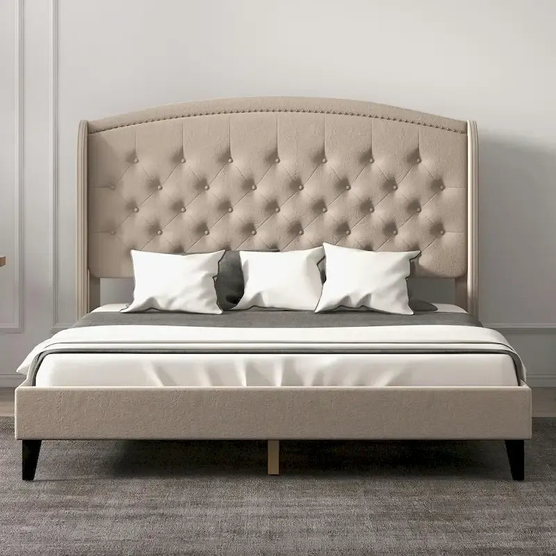 Gestoffeerd bedframe met hoofdbord met vleugels, tweepersoonsformaat