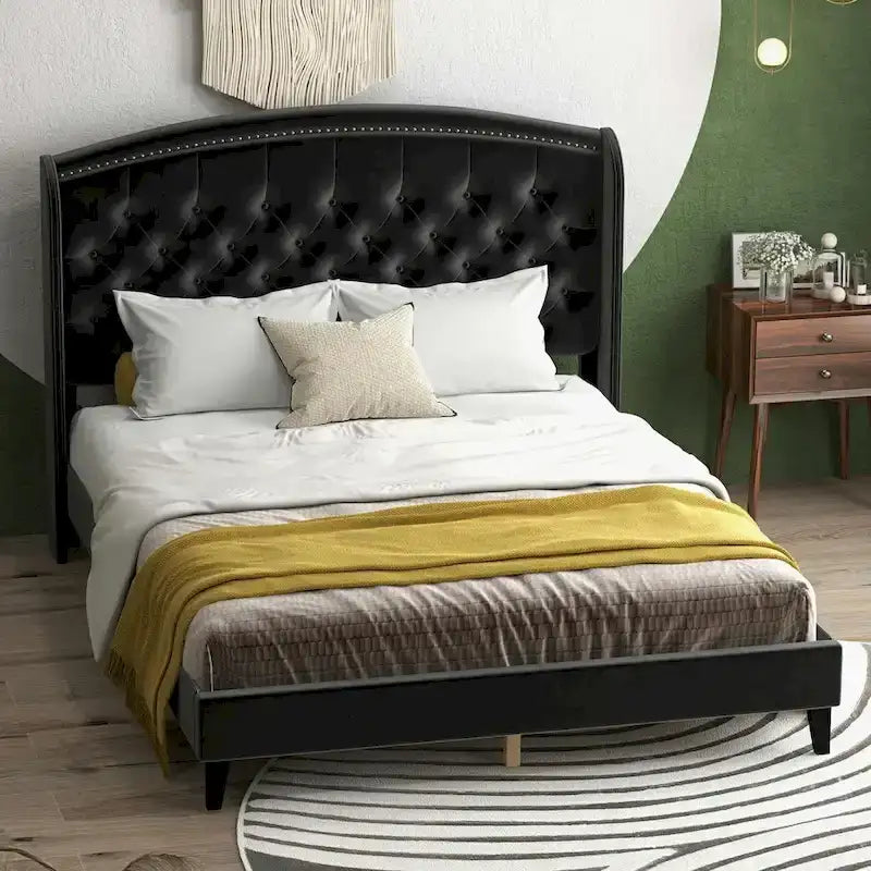Gestoffeerd bedframe met hoofdbord met vleugels, tweepersoonsformaat