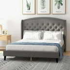 Gestoffeerd bedframe met hoofdbord met vleugels, tweepersoonsformaat