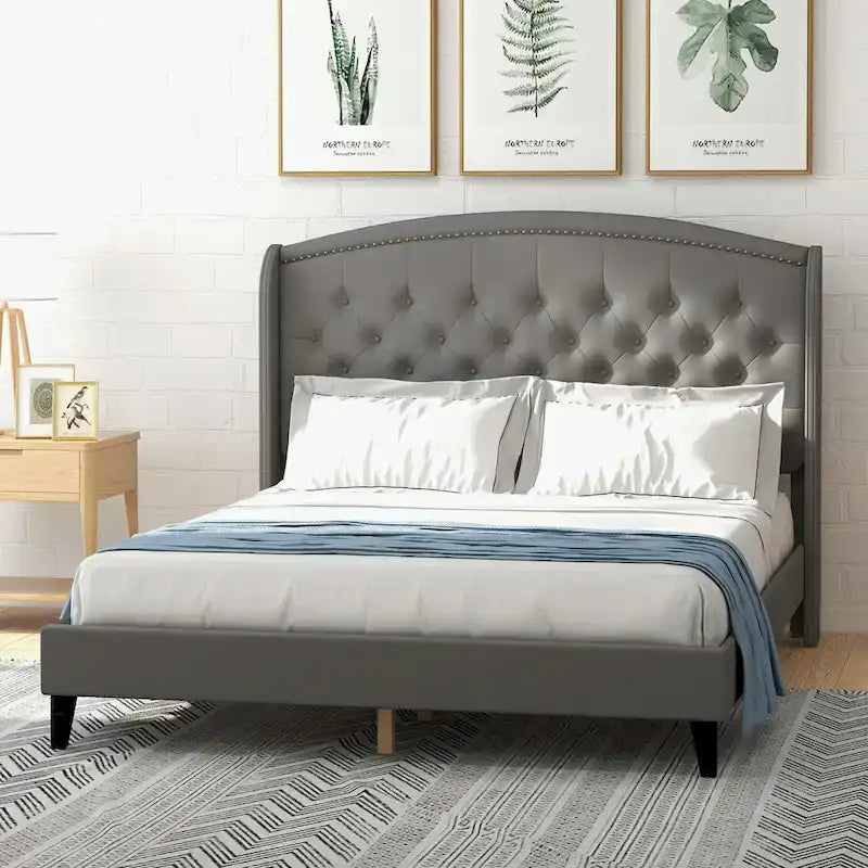 Gestoffeerd bedframe met hoofdbord met vleugels, tweepersoonsformaat
