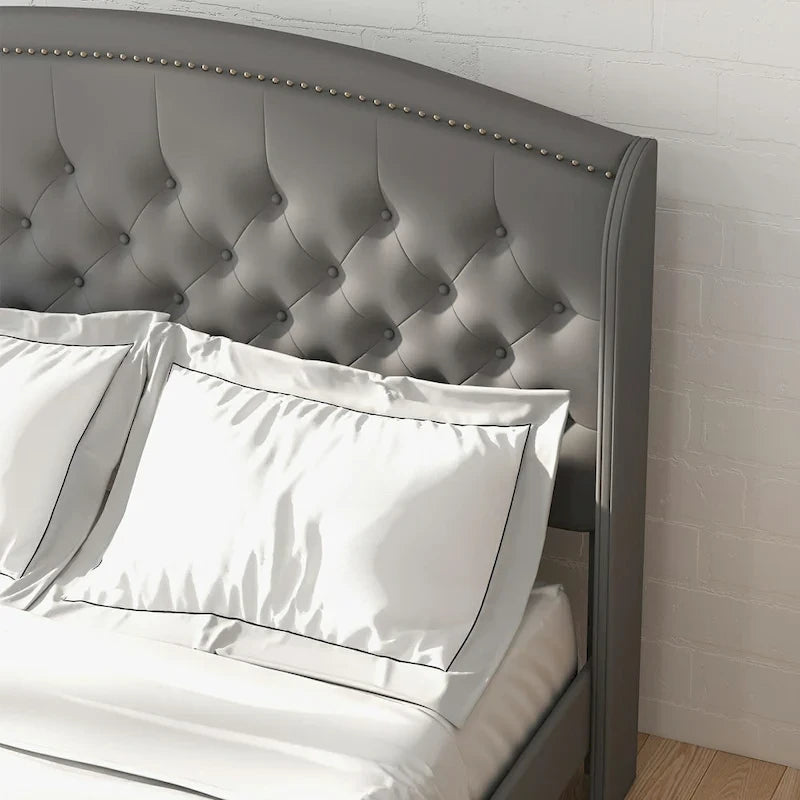 Gestoffeerd bedframe met hoofdbord met vleugels, tweepersoonsformaat