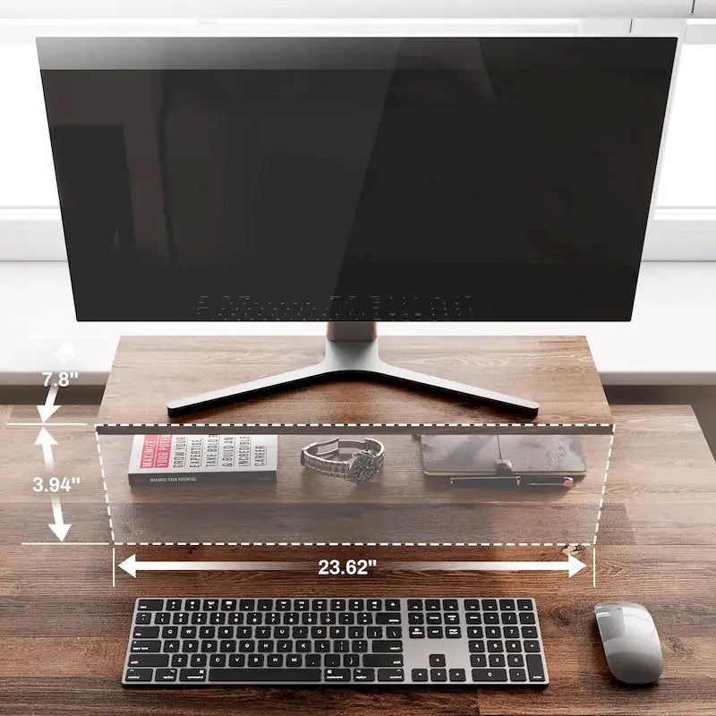 L-vormig computerbureau met monitorstandaard en opbergplank