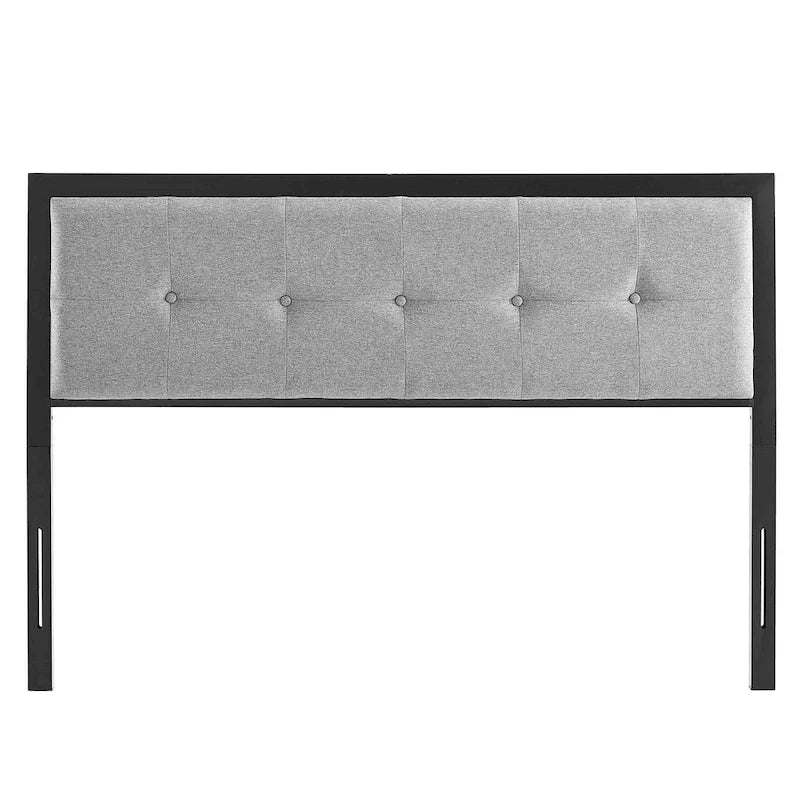 Lichtgrijze stoffen kingsize metalen hoofdbord met knoopbekleding