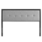 Lichtgrijze stoffen kingsize metalen hoofdbord met knoopbekleding