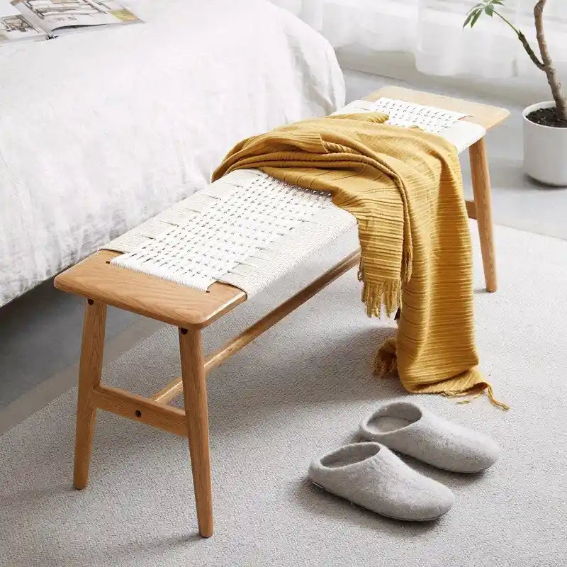 Eikenhouten bank met gevlochten design – eetkamer, slaapkamer & hal