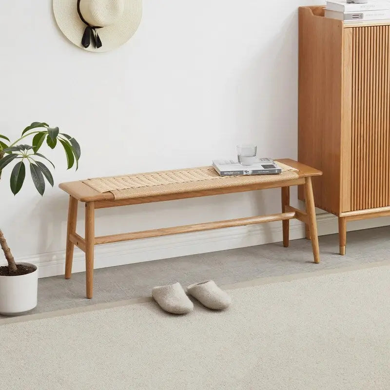 Eikenhouten bank met gevlochten design – eetkamer, slaapkamer & hal