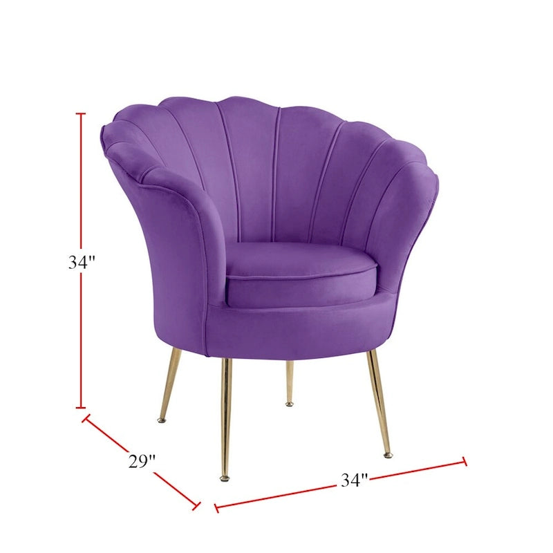 Kuipstoel met geschulpte rugleuning, velours bekleding en metalen poten