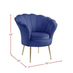 Kuipstoel met geschulpte rugleuning, velours bekleding en metalen poten