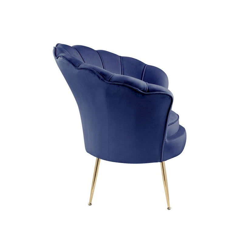 Kuipstoel met geschulpte rugleuning, velours bekleding en metalen poten