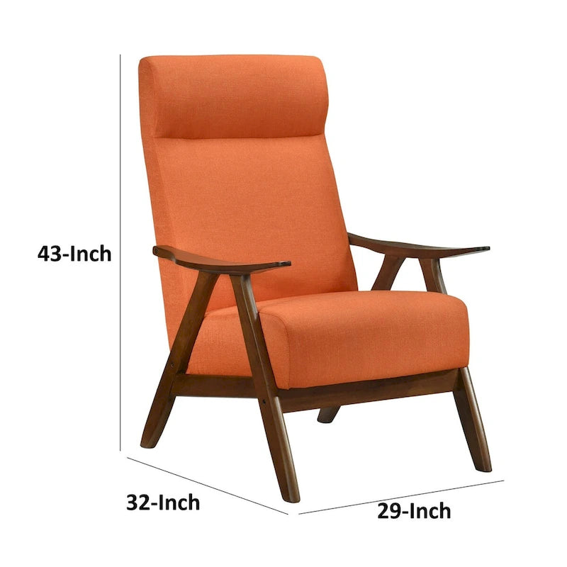 32-inch hoge accentfauteuil met hoge rugleuning, oranje polyester, massief hout