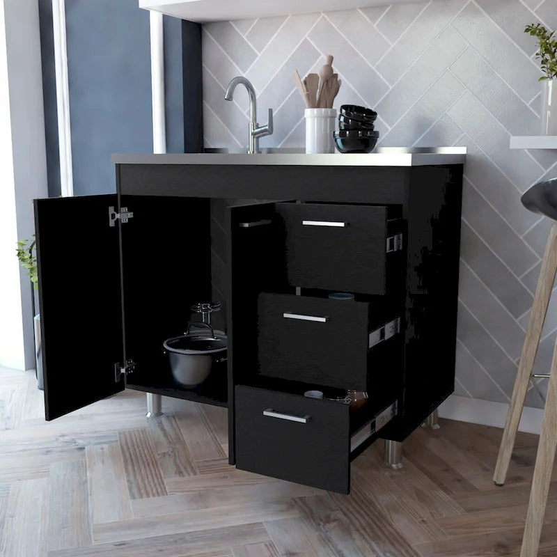 Onderkast van melamine met drie laden en roestvrijstalen blad
